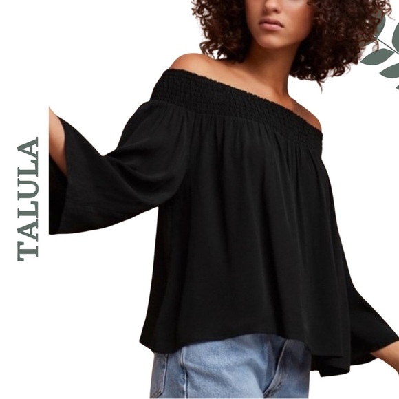 Aritzia Talula Marcilly Blouse | Black Off-Shoulder Smocked Top | Size Small - Picture 3 of 7